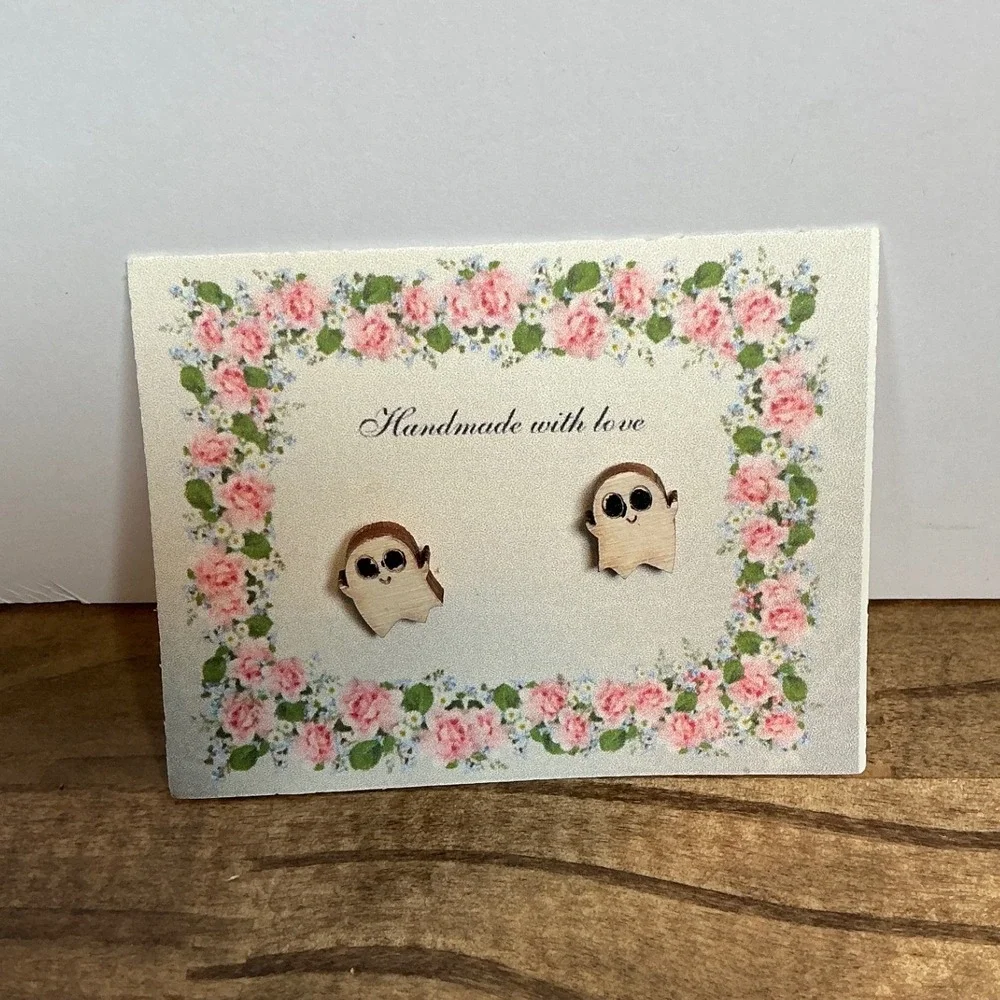 Handmade Ghost Stud Earrings Women OS Natural Wood Halloween Spooky Waving Cute